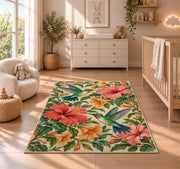 Hummingbirds and Hibiscus Rug in a nursery beside a crib and dresser
