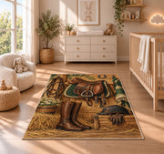 Saddle and Riding Boots Rug in a nursery beside a crib and dresser