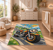 Cute Cartoon Motorcycle Kids Rug in a nursery beside a crib and dresser