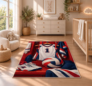 Volleyball Locker Jersey Rug in a nursery beside a crib and dresser