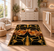 Art Deco Cheers Rug in a nursery beside a crib and dresser