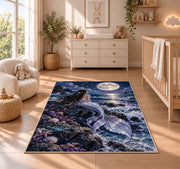 Mermaid Under the Moon Rug in a nursery beside a crib and dresser