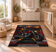 Motorcycle Garage Rug in a nursery beside a crib and dresser