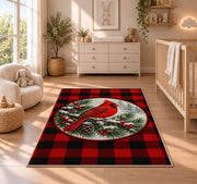 Cardinal Buffalo Check Rug in a nursery beside a crib and dresser