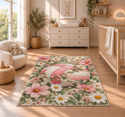 Volleyball and Wildflowers Rug in a nursery beside a crib and dresser