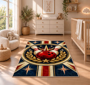 Classic Bowling Crest Rug in a nursery beside a crib and dresser