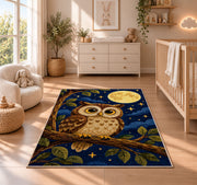 Owl and Full Moon Rug in a nursery beside a crib and dresser