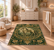 Vintage Engraved Horse Rug in a nursery beside a crib and dresser