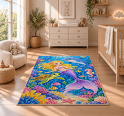 Mermaid and Ocean Friends Rug in a nursery beside a crib and dresser