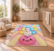 Cute Cartoon Bowling Pins Rug in a nursery beside a crib and dresser