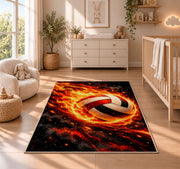 Flaming Volleyball Rug in a nursery beside a crib and dresser