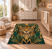 Art Deco Leopard Rug in a nursery beside a crib and dresser