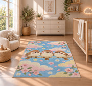 Cute Birds Nursery Rug in a nursery beside a crib and dresser