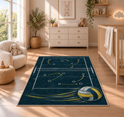 Volleyball Chalkboard Play Rug in a nursery beside a crib and dresser