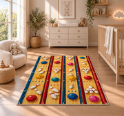 Bowling Alley Top View Rug in a nursery beside a crib and dresser