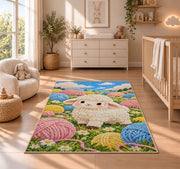 Sheep and Yarn Balls Rug in a nursery beside a crib and dresser