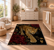 Leopard on Black with Roses Rug in a nursery beside a crib and dresser