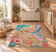 Mermaid Tail and Vanity Shells Rug in a nursery beside a crib and dresser