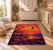 Birds at Sunset Rug in a nursery beside a crib and dresser