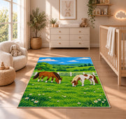 Horses Grazing by Fence Rug in a nursery beside a crib and dresser