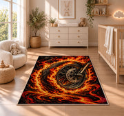 Flaming Motorcycle Wheel Rug in a nursery beside a crib and dresser