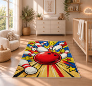 Pop Art Bowling Rug in a nursery beside a crib and dresser