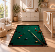 Billiards and Whiskey Rug in a nursery beside a crib and dresser