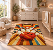 Retro 70s Stripes Bowling Rug in a nursery beside a crib and dresser