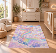 Rainbow Mermaid Rug in a nursery beside a crib and dresser