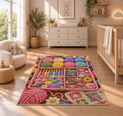 Crochet Supply Box Rug in a nursery beside a crib and dresser