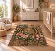 Horseshoe and Roses Rug in a nursery beside a crib and dresser