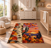 Woodpecker on Birch Rug in a nursery beside a crib and dresser