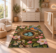 Bird Nest and Blue Eggs Rug in a nursery beside a crib and dresser