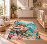 Mermaid Reading a Book Rug in a nursery beside a crib and dresser