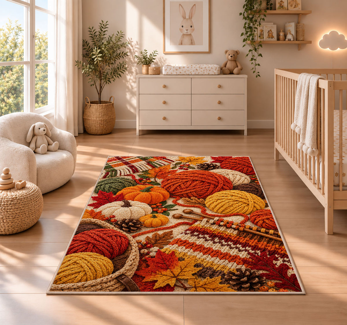 Autumn Yarn Rug in a nursery beside a crib and dresser