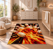 Flaming Bowling Ball Rug in a nursery beside a crib and dresser