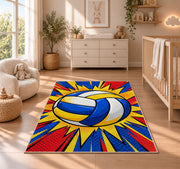 Pop Art Volleyball Rug in a nursery beside a crib and dresser