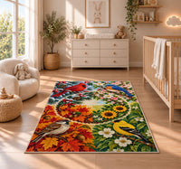 Four Seasons Birds Rug in a nursery beside a crib and dresser