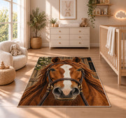 Horse Face Close-Up Rug in a nursery beside a crib and dresser