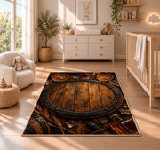 Oak Barrel Head Rug in a nursery beside a crib and dresser