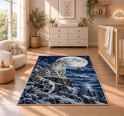 Snow Leopard Under Full Moon Rug in a nursery beside a crib and dresser