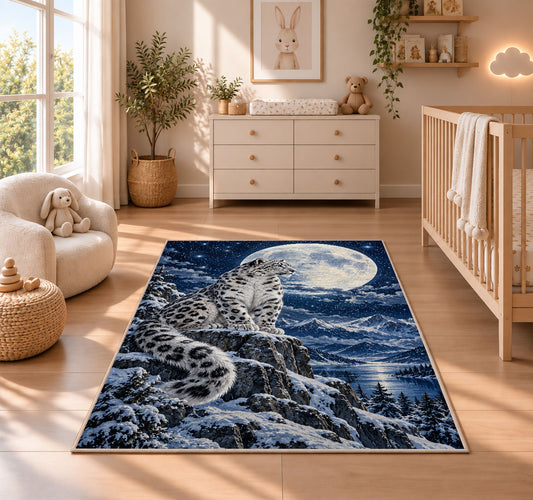 Snow Leopard Under Full Moon Rug in a nursery beside a crib and dresser