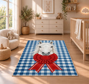 Gingham Horse and Rosette Rug in a nursery beside a crib and dresser