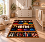 Bowling Gear Shelf Rug in a nursery beside a crib and dresser