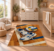 Volleyball Shoes on Court Rug in a nursery beside a crib and dresser