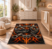 Motorcycle and Crossed Wrenches Rug in a nursery beside a crib and dresser