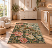 Chinoiserie Leopard and Peony Rug in a nursery beside a crib and dresser
