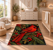 Cardinal on Black Rug in a nursery beside a crib and dresser