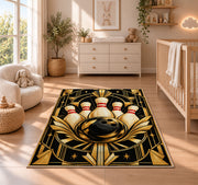 Art Deco Bowling Rug in a nursery beside a crib and dresser