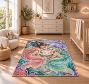 Three Mermaids and Shell Rug in a nursery beside a crib and dresser